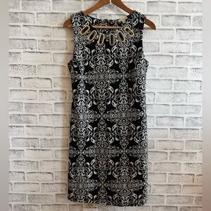 Women’s Haani black & white pattern sleeveless gold bangle neckline dress Size M